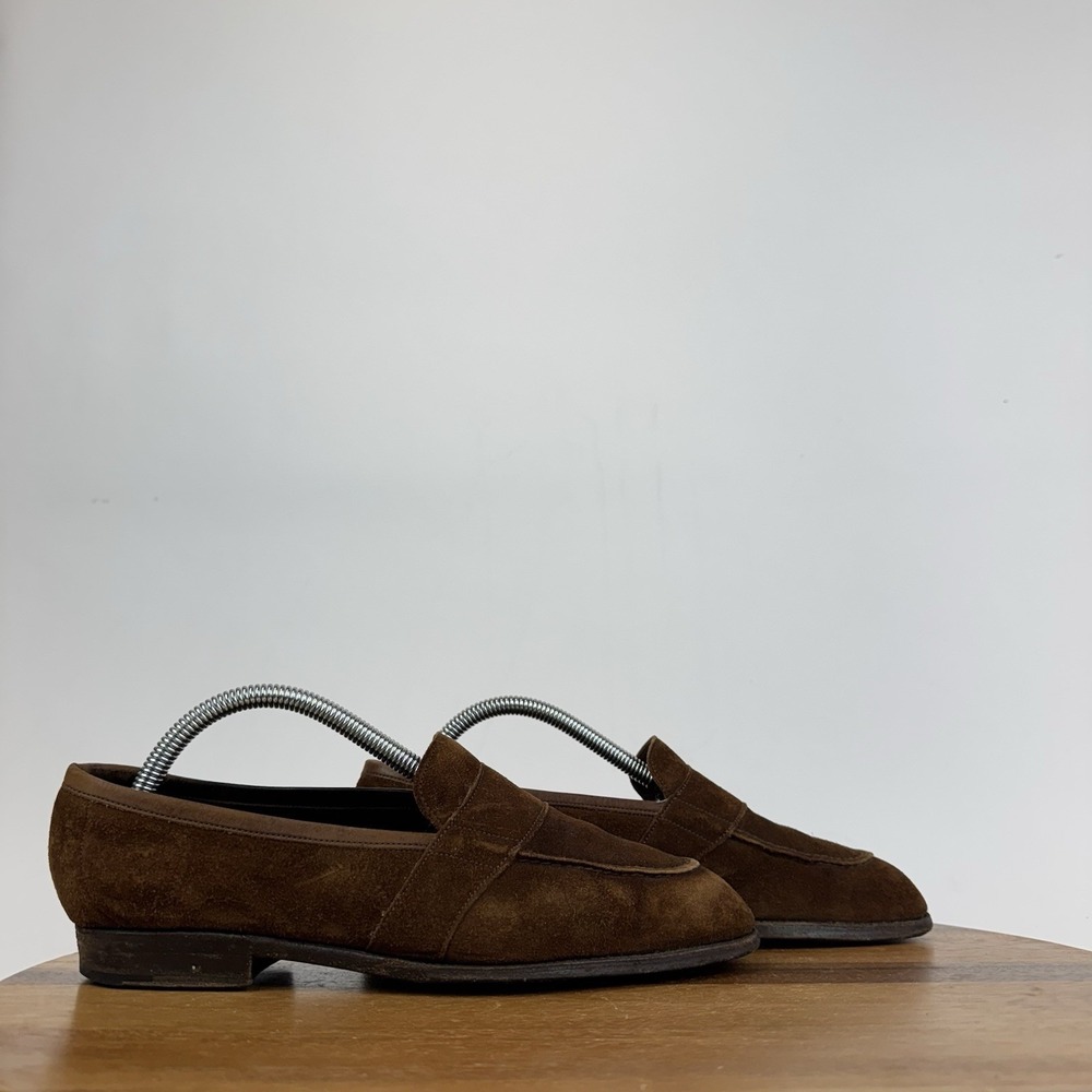 Mens Edward Green X Leffot Brown Suede Slip On Casual Penny Loafers Size 6.5 - 7